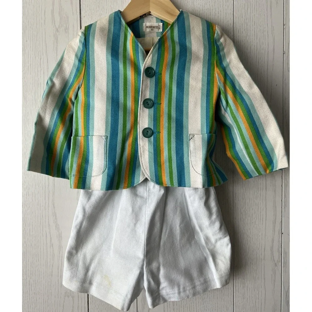 Vintage 1960's  Merry Mites 3T Set Jacket Blue Green Orange Strip Shorts Wedding